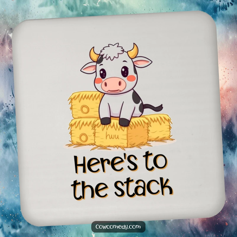 Funny Drink Coaster featuring a determined cow balancing hay, for steady drinks and humorous protection.