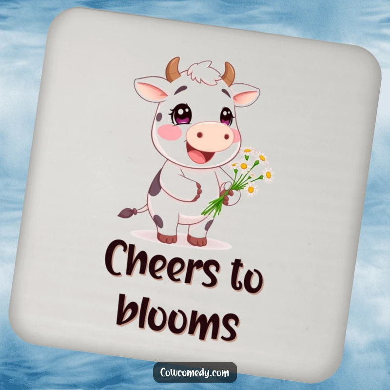 Funny Happy Cow Coaster: a smiling cow character offering daisies, protecting surfaces with adorable, cheerful charm.