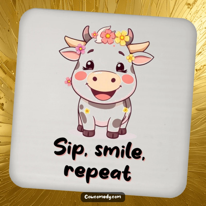 Funny happy cow coasters with a wide smile and flowers, protecting surfaces with adorable farmyard charm.