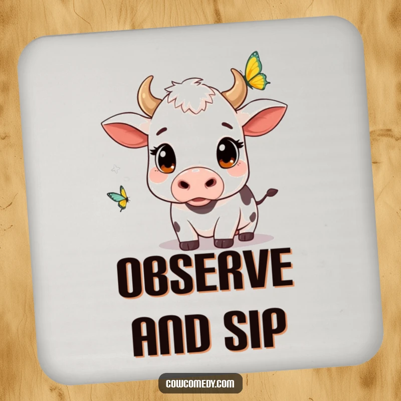 Funny kawaii cow drink coasters with wide, curious eyes watching a fluttering butterfly, adding cute nature-inspired protection.