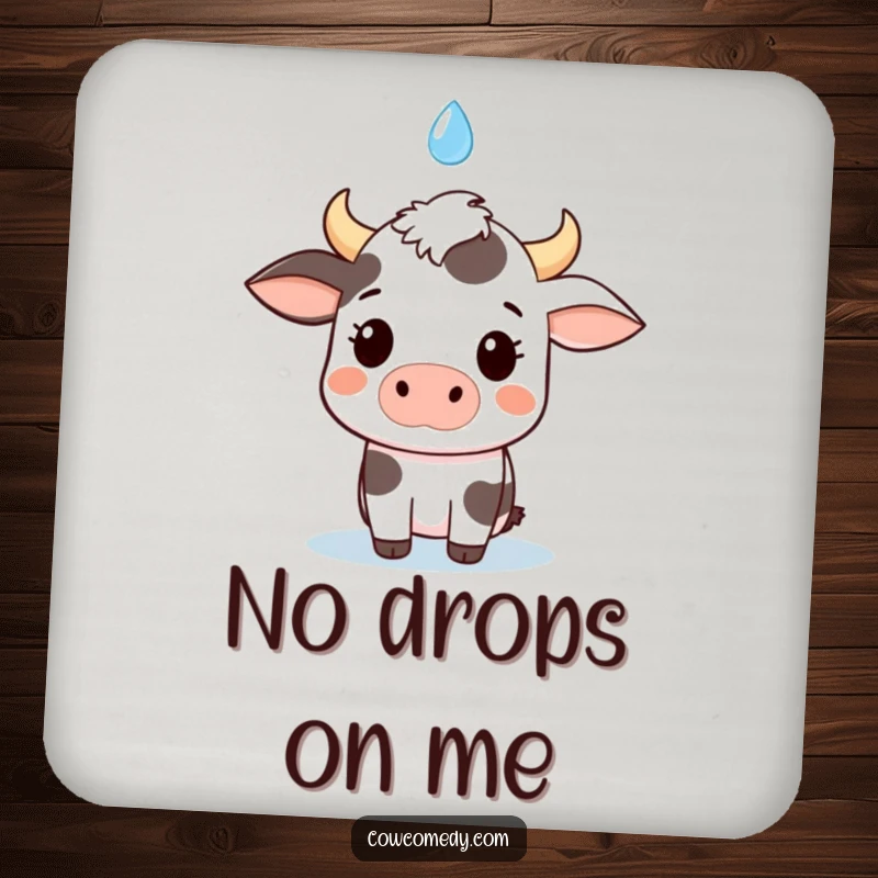 Funny kawaii cow drink coaster, comically surprised by a falling raindrop, adding a touch of cute humor to any table.