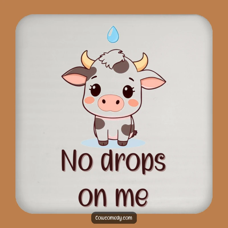 Funny kawaii cow drink coaster, a quirky gift for hosts, protecting surfaces with a surprised cow and raindrop.