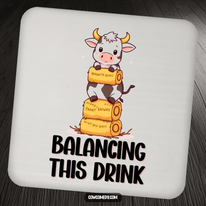 Funny Kawaii Cow Coaster: A kawaii cow humorously balances a stack of hay bales, protecting surfaces with humor.