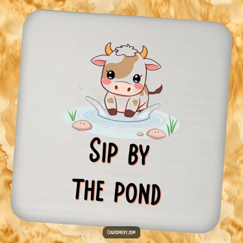 Funny Kawaii cow coaster featuring a playful cow splashing water in a small pond, protecting surfaces with humor.