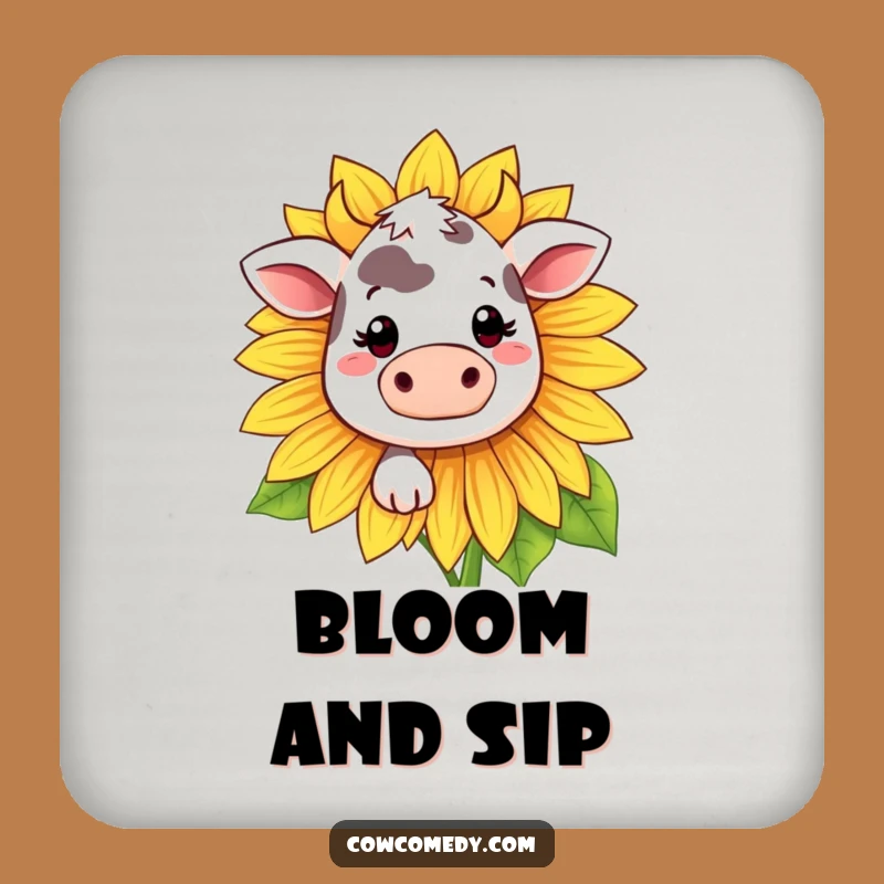 Funny Kawaii Cow Sunflower Coaster - Shy Protection, Cute Funny Gift!