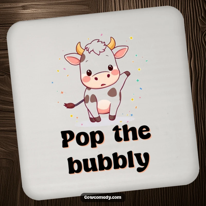 Funny drink coaster featuring a playful cow kicking up a burst of colorful confetti.