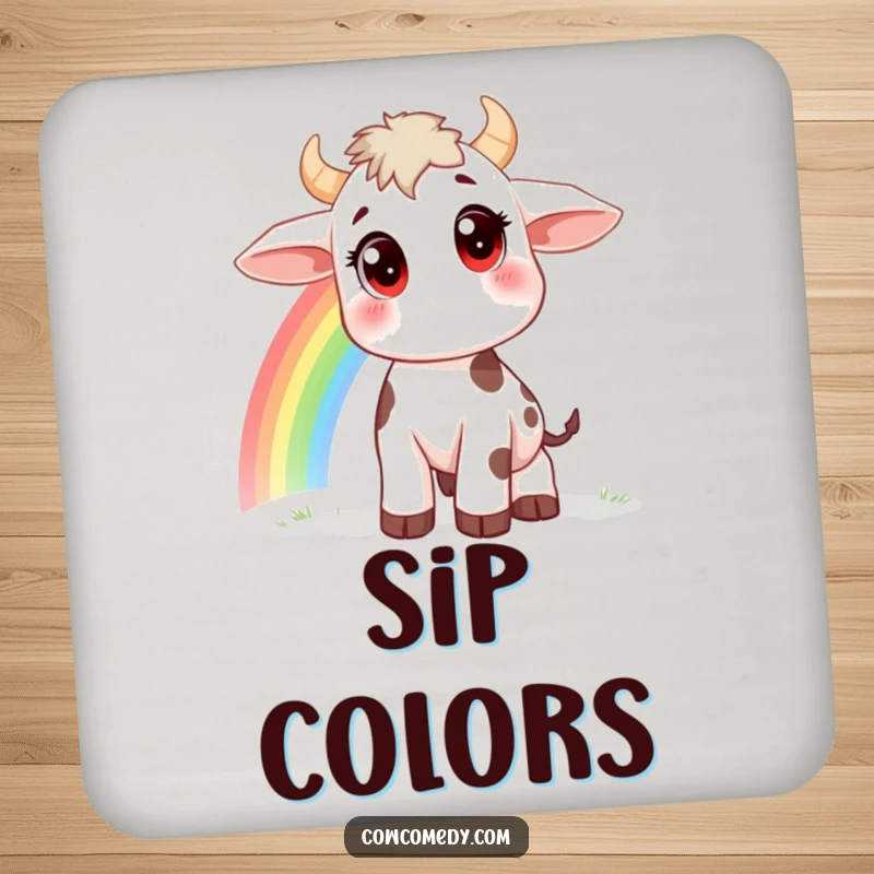 Funny drink coaster with a curious cow, large eyes, watching a rainbow, adding whimsical charm to surfaces, a great funny gift.