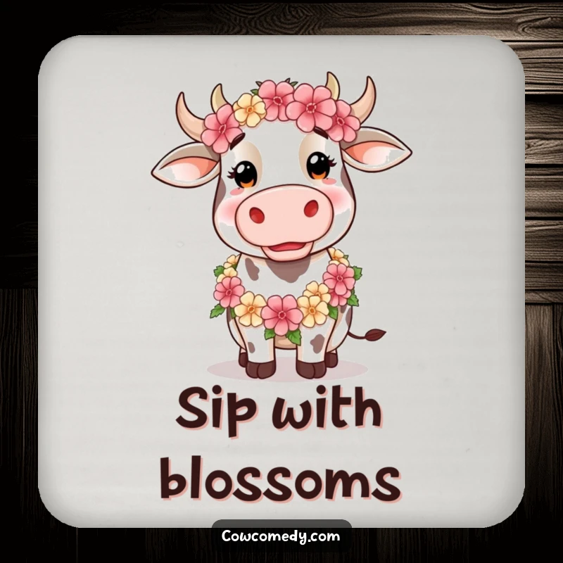 Funny Drink Coaster featuring a silly cow wearing a floral garland, for protecting surfaces with whimsical humor.