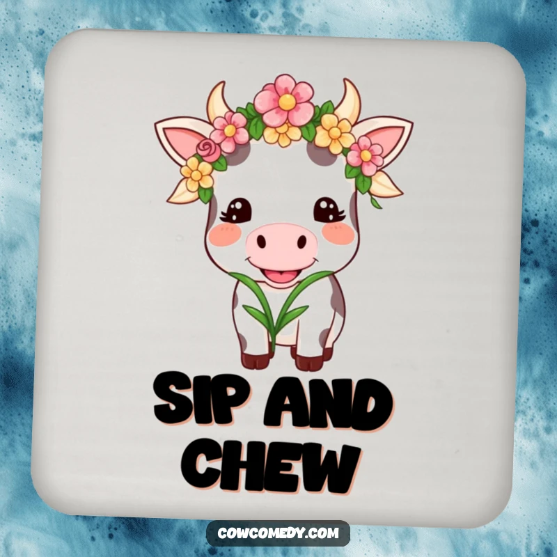 Funny Kawaii Cow Coaster: A smiling cow in a flower garland happily chews grass, protecting surfaces with humor.