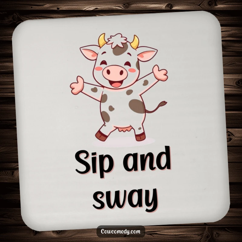 Funny cheerful cow jig coaster depicting a spotted cow happily dancing and performing a little jig, providing playful humorous protection.