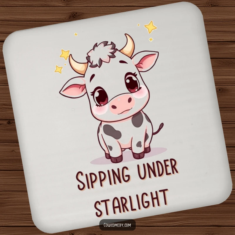 Funny drink coaster with a cute cow having big, wondering eyes, reaching up to catch falling stars.