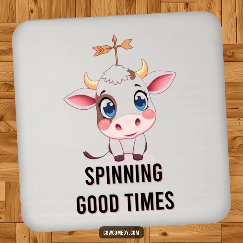 Funny kawaii cow with big, curious eyes, looking at a spinning weather vane, printed on a protective drink coaster.