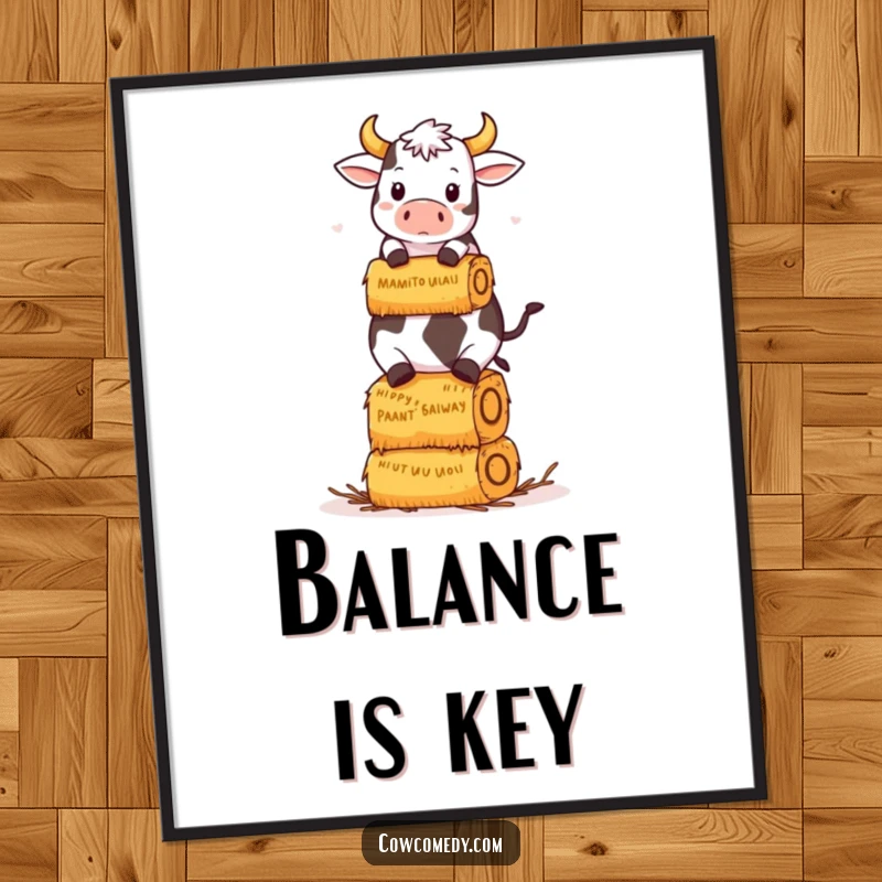Funny Kawaii Cow Poster: A kawaii cow humorously balances a tall stack of hay bales, funny wall art.