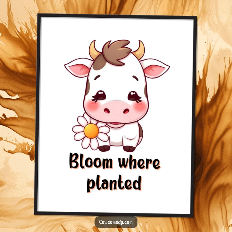 Funny kawaii cow poster with a gentle cow smiling while chewing on a large daisy, adding cute farm charm to wall decor.