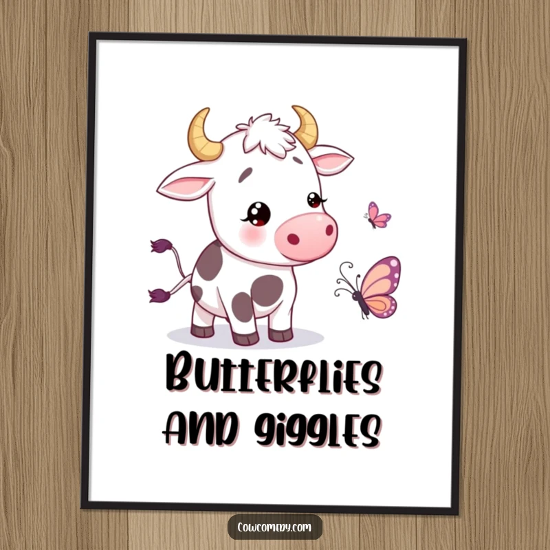 Funny Poster featuring a cow wiggling its tail with amusement near a cartoon butterfly, capturing a moment of pure, lighthearted joy.