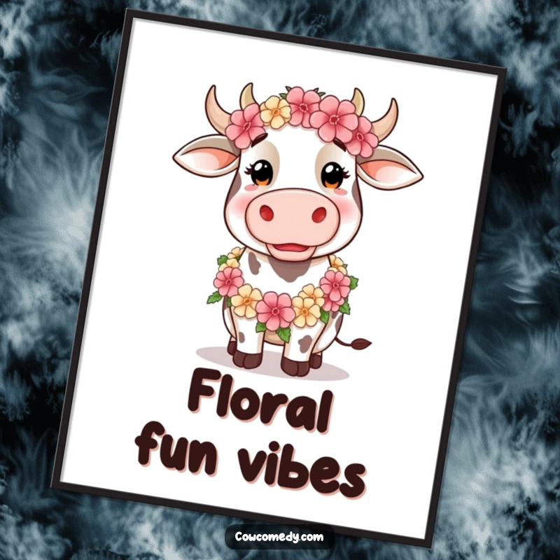 Funny Poster of a silly cow wearing a beautiful floral garland, embodying whimsical charm and humorous artistry.