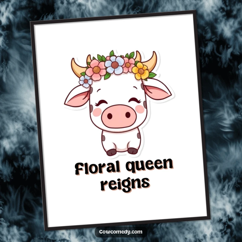 Funny kawaii cow poster of a serene cow wearing a flower crown, looking content, adding peaceful charm to wall art.
