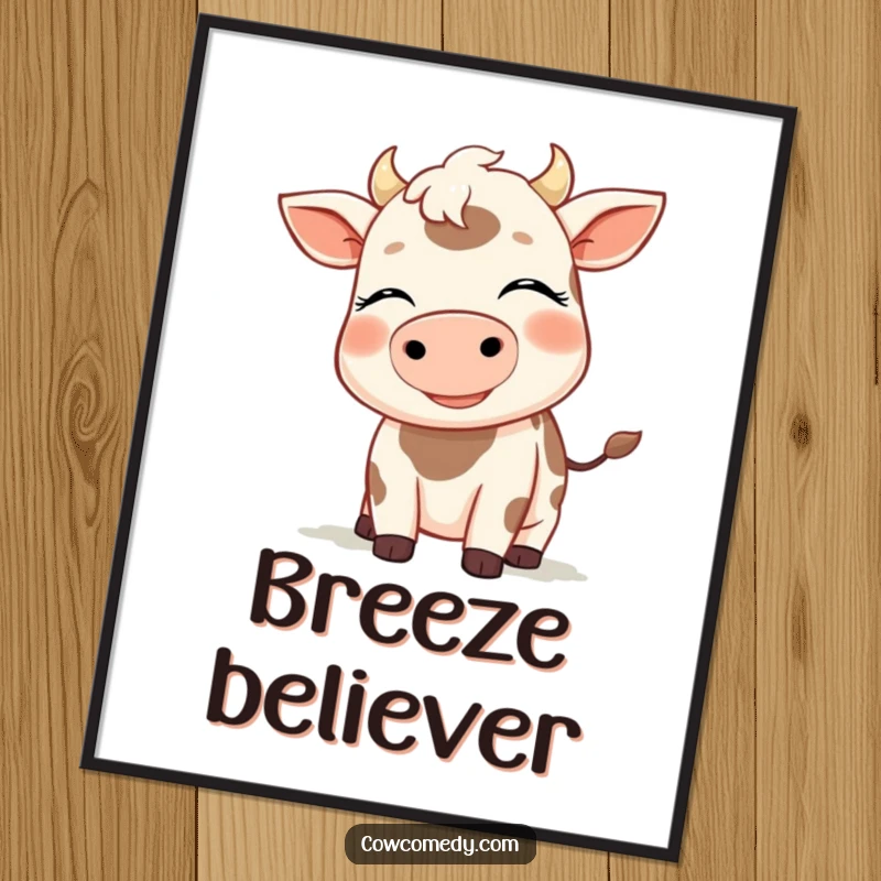 Funny poster print of a smiling cow with eyes closed, enjoying a gentle breeze, creating a serene atmosphere, excellent gift.