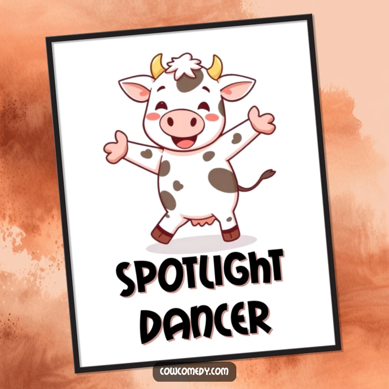 Funny cheerful cow jig poster showing a spotted cow happily dancing and performing a little jig, radiating pure, lively cheerfulness.