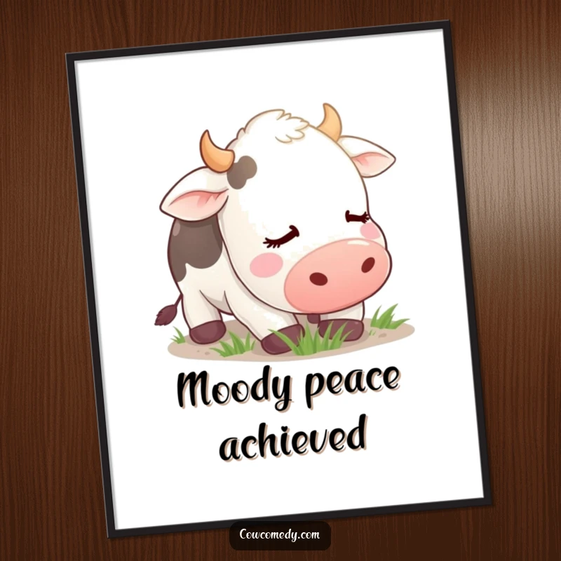 Funny Poster showcasing a beautifully illustrated contented cow with eyes closed, grazing peacefully, adding calm humor to any room.