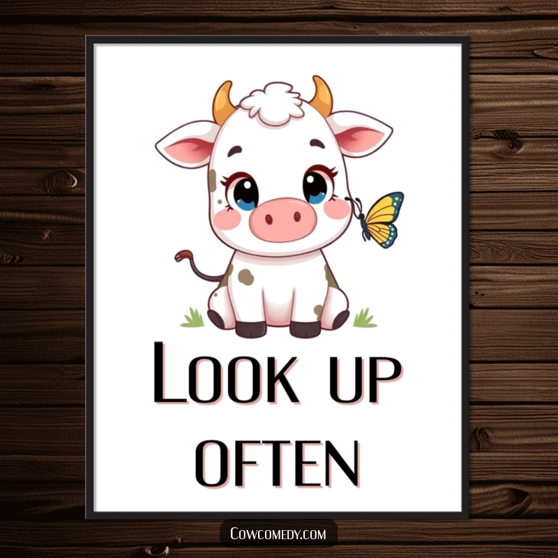 Funny Cow Butterfly Poster: A cute cow character with large, expressive eyes watching a butterfly, creating a scene of pure fascination.