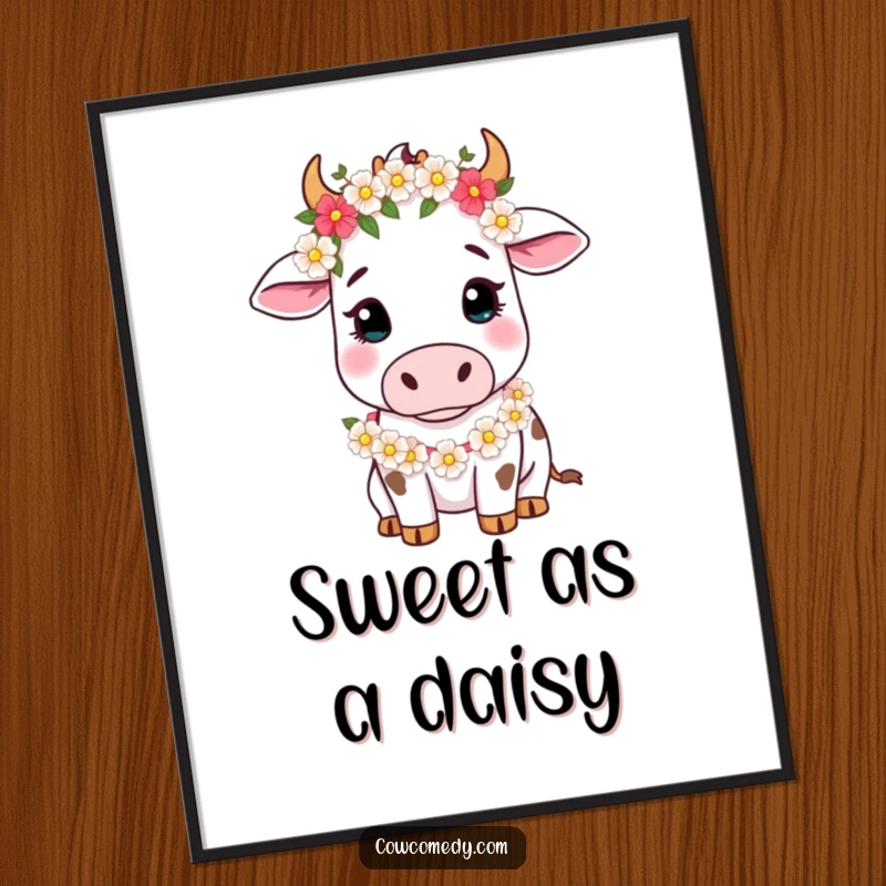 Funny Poster showcasing a gentle cow adorned with a flower garland, looking softly with a peaceful expression, ideal for charming decor.