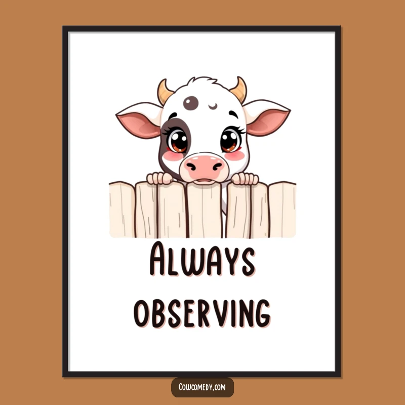 Funny Curious Cow Poster Peeking Over Fence Wall Art Funny Gift
