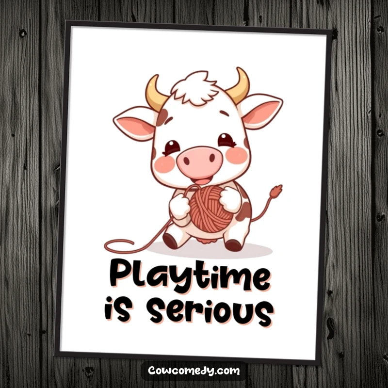 Funny poster art depicting a very happy cow using its nose to bounce a ball of yarn, radiating a sense of fun and excitement.