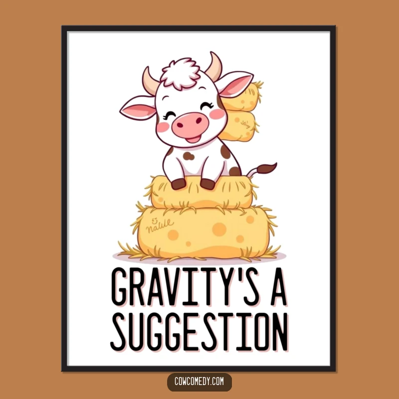 Funny Giggling Cow Poster: Hay Bale Balancing Art, Unique Funny Gift Decor