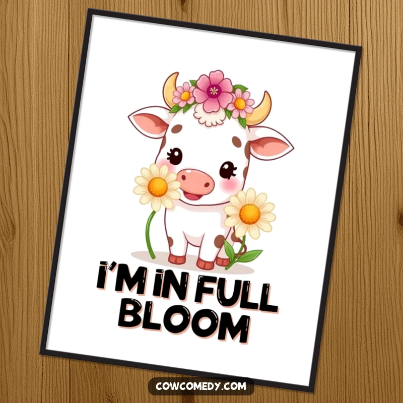 Funny kawaii cow wearing a flower crown, happily chewing a large daisy, presented as a vibrant wall art poster.