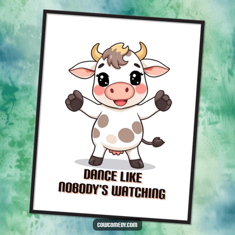 Funny Kawaii cow poster featuring a cow performing a goofy dance with its hooves, bringing lively energy.