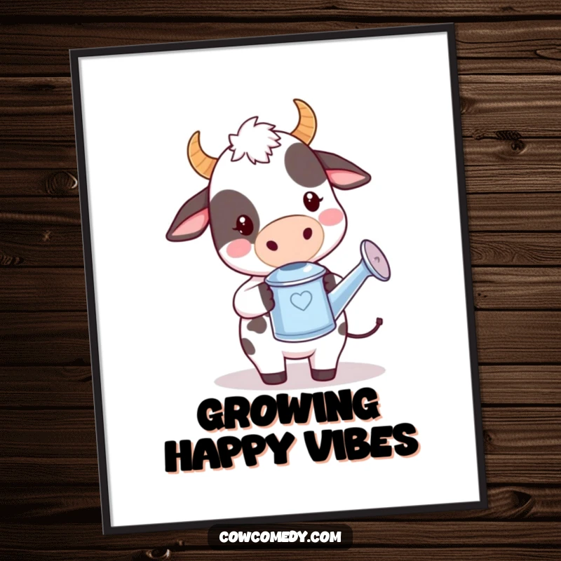 Funny kawaii cow poster print of a cute cow holding a miniature watering can, looking playful and ready to garden.