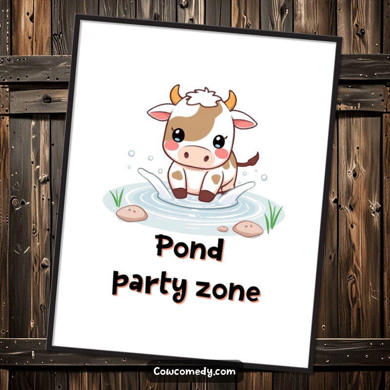 Funny Kawaii cow poster illustrating a happy cow playfully splashing in a small pond, adding watery cheer.