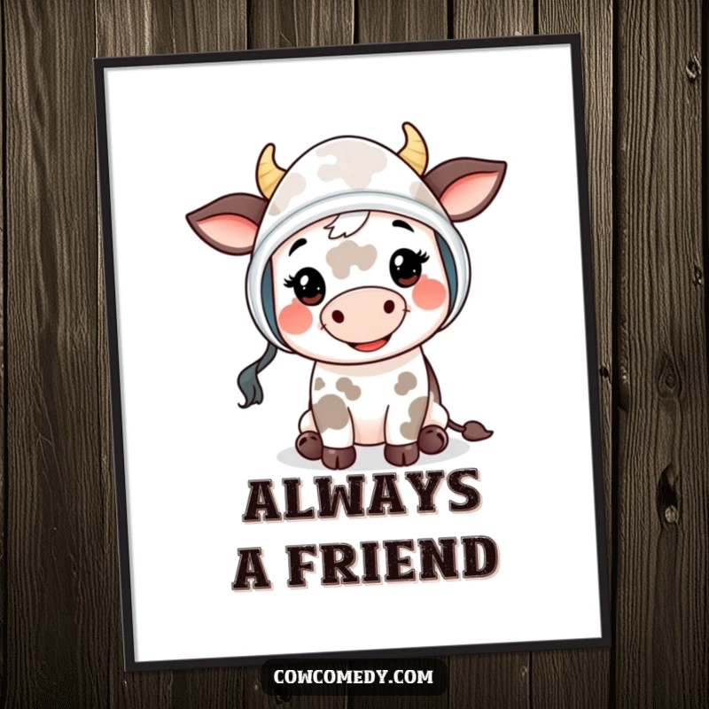 Funny Mooing Cow Kid Poster: a cute cow child wearing a bonnet, smiling and giving a friendly 'moo', perfect for cheerful decor.