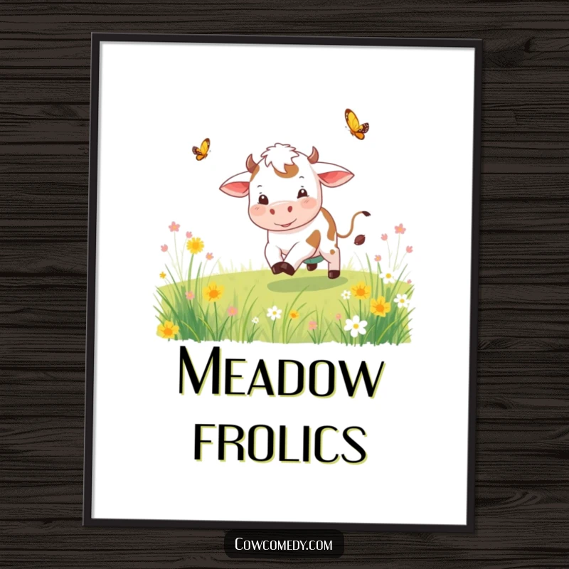 Funny playful cow poster capturing a cow mid-chase after a butterfly in a colorful, blooming meadow.