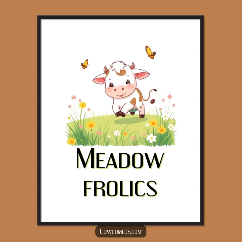 Funny Playful Cow Poster Chasing Butterfly Meadow Wall Art Funny Gift
