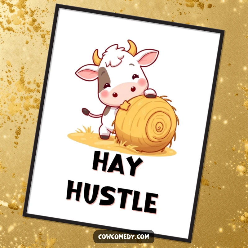 Funny poster art of a playful cow energetically nudging a rolling ball of hay, adding a touch of whimsical fun to decor.