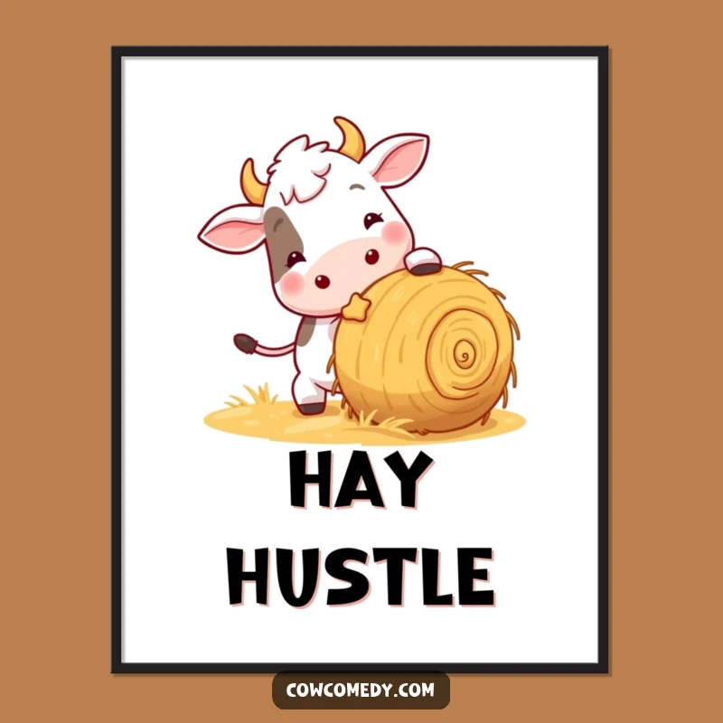 Funny Playful Cow Poster: Whimsical Hay Ball Art for Walls