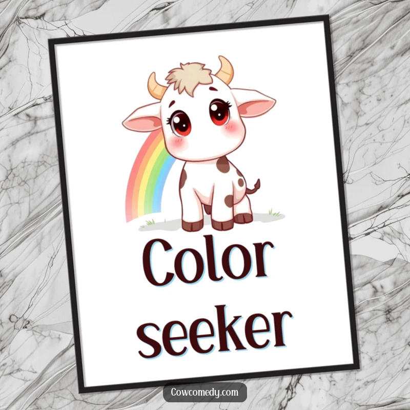 Funny poster print of a little cow with huge, curious eyes watching a vibrant rainbow, bringing wonder to walls, excellent gift.