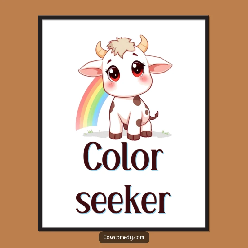 Funny Rainbow Cow Poster - Curious Big Eyes Wall Art Gift