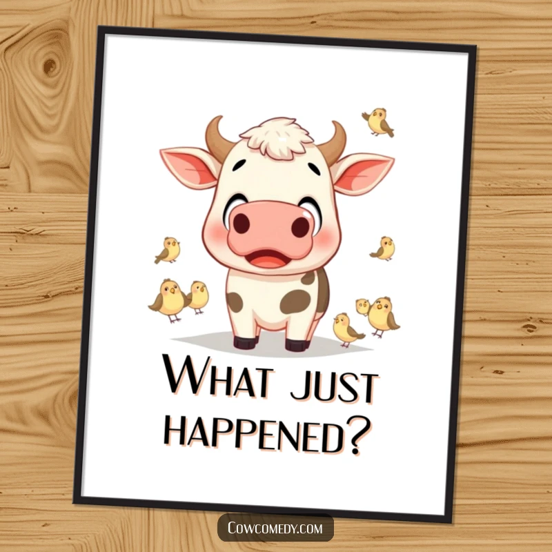 Funny cow with wide-open eyes looking completely surprised at tiny birds on a wall poster.