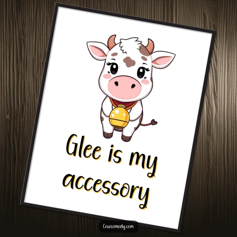 Funny poster art of a whimsical cow looking delighted, wearing a bell that shines with countless tiny, bright sparkles. Magical and fun.