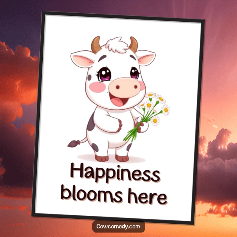 Funny Happy Cow Daisy Poster: A cheerful cow character holding a small bouquet of daisies, spreading happiness and gentle cheer.