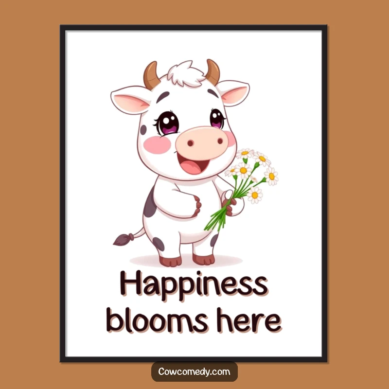 Funny Happy Cow Daisy Poster - Cheerful Wall Art, Cute Gift Decor