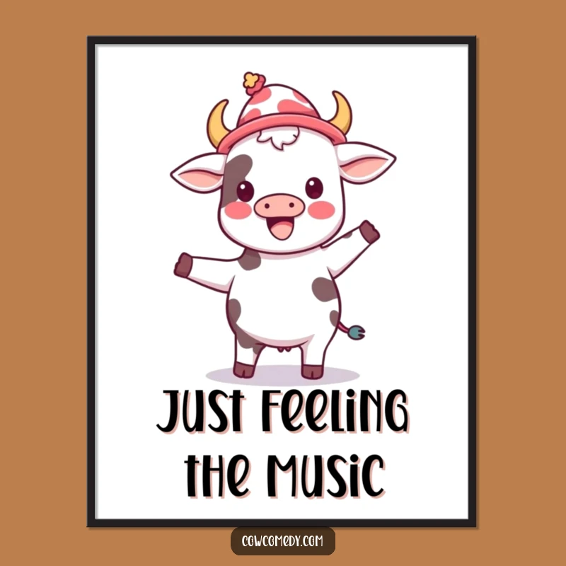 Funny Dancing Cow Silly Hat Poster - Kawaii Art Print Gift