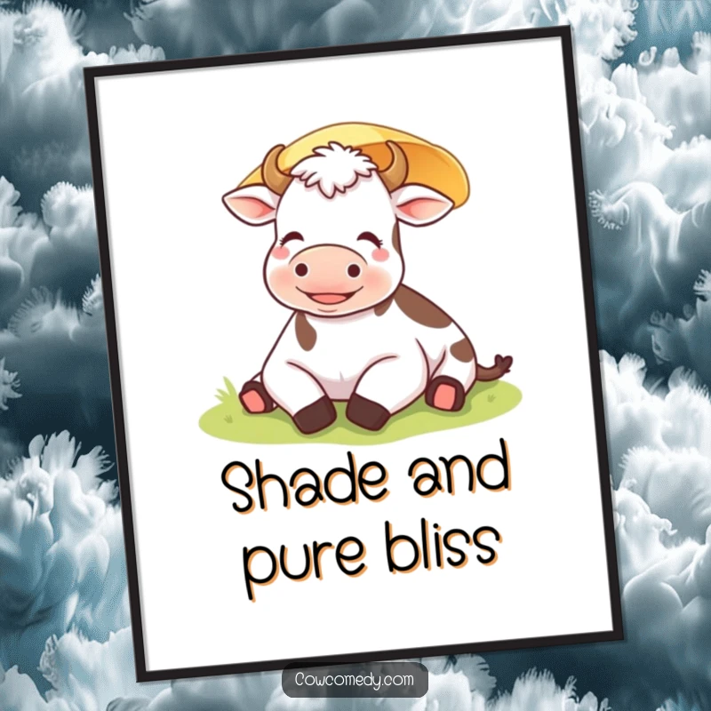 Funny contented cow resting under a sunshade on a wall poster, promoting relaxation and calm decor.