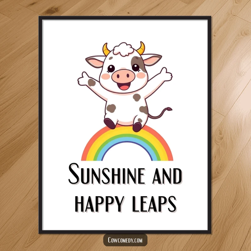 Funny cheerful cow jumping over a tiny rainbow on a wall poster, bringing vibrant joy and optimism.