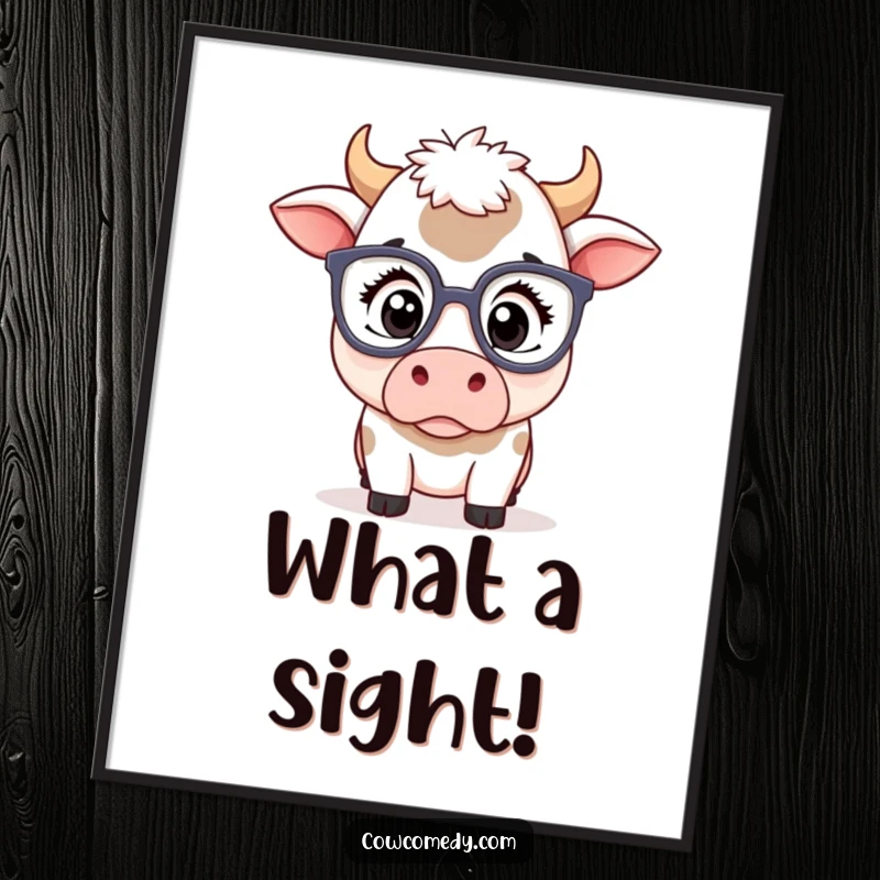 Funny kawaii cow poster print of a cute cow wearing oversized spectacles, its expression one of pure comical surprise.