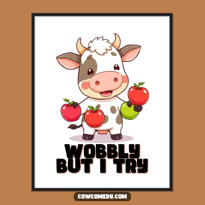 Funny Apple Juggling Cow Poster - Kawaii Art Print Gift