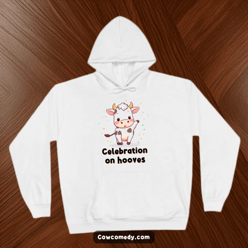 Funny hoodie depicting a lively cow kicking up an explosion of bright, colorful confetti.